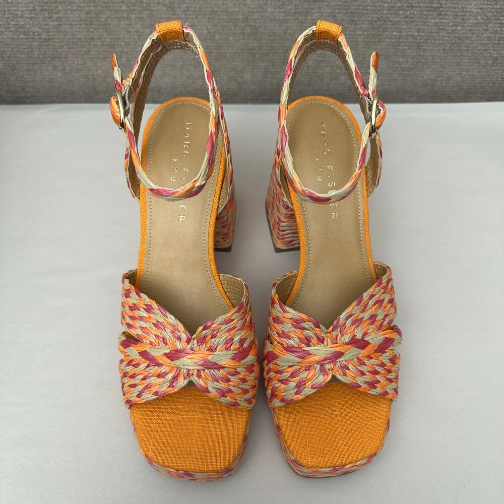 Marc Fisher 8.5 Janie Raffia Platform Sandals Pink Orange Woven Multi Block Heel
